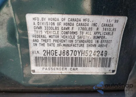 2000 Honda Civic Lx из США, поврежденный, VIN 2HGEJ6670YH524249